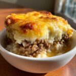 A close-up of a serving of french onion ground beef and rice casserole topped with melted, browned cheese.