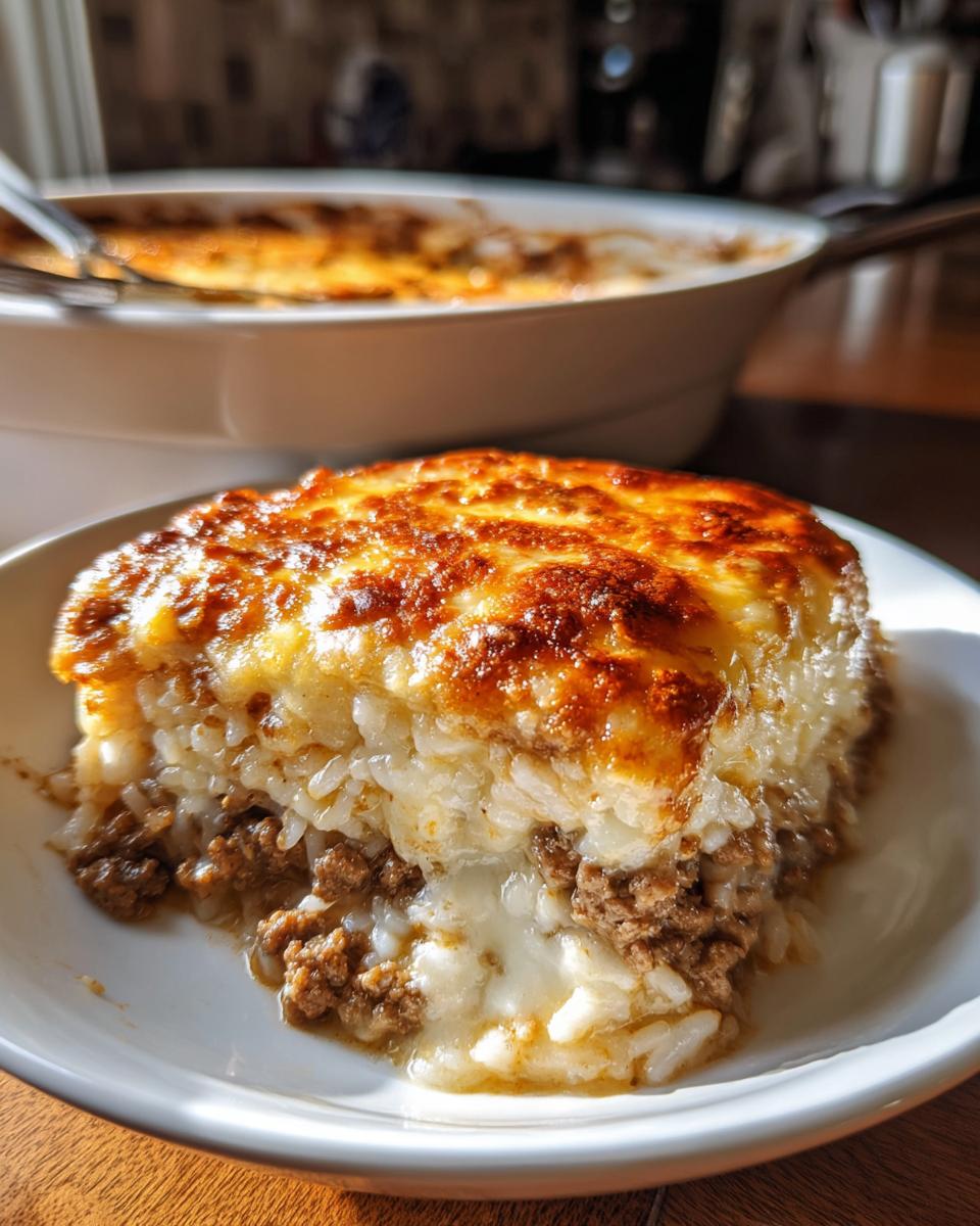 A slice of french onion ground beef and rice casserole with a browned cheesy top layer served on a white plate.