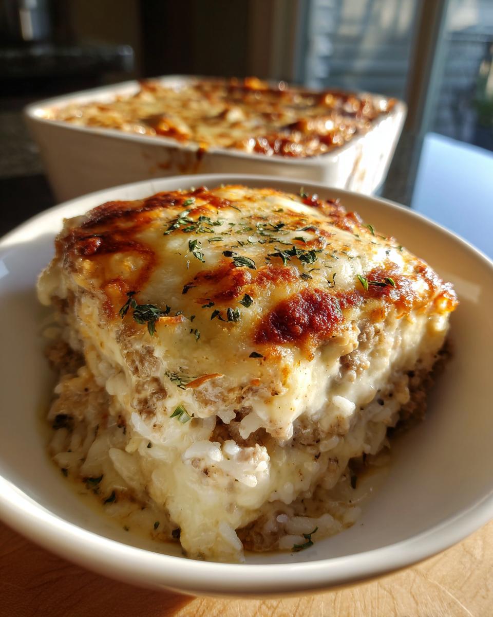 A close-up serving of cheesy french onion ground beef and rice casserole topped with herbs.