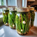 Four glass jars filled with fresh green beans, garlic cloves, dill sprigs, and mustard seeds for making dilly beans.