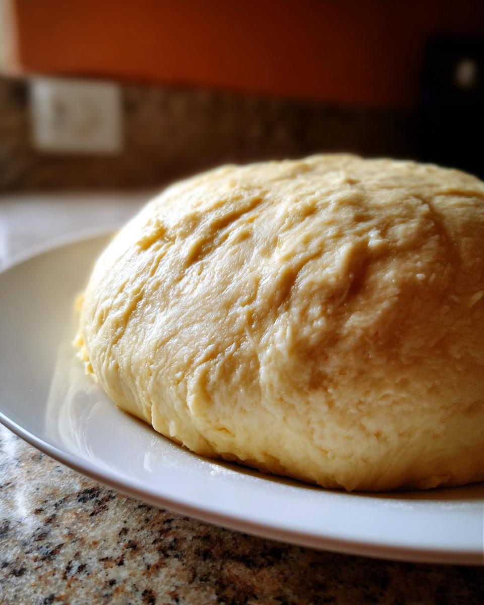 Close-up of a large, smooth mound of freshly prepared fufu dough resting on a white plate.