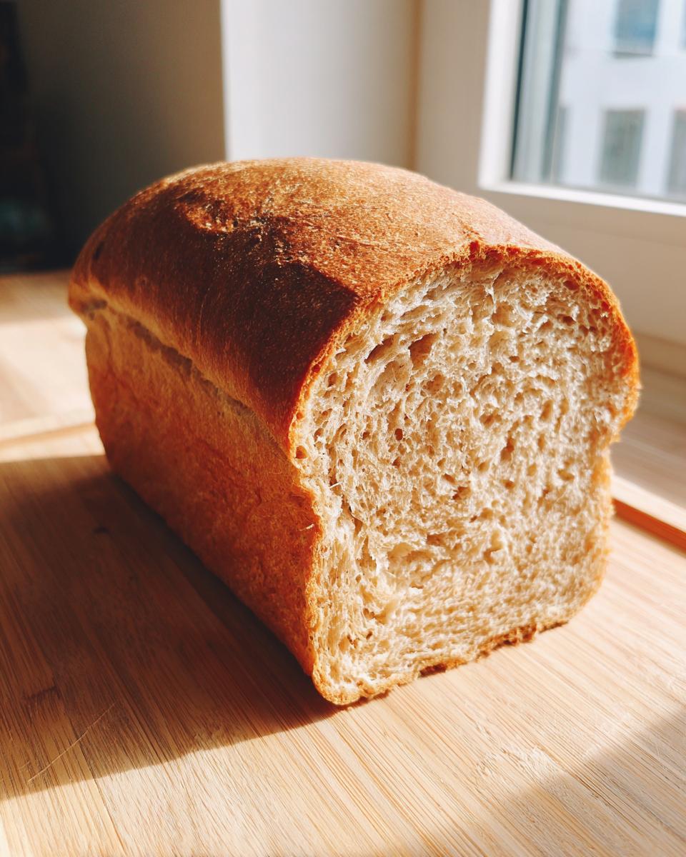 A golden-brown loaf of whole wheat bread sitting on a wooden cutting board, showing a soft, airy interior crumb.