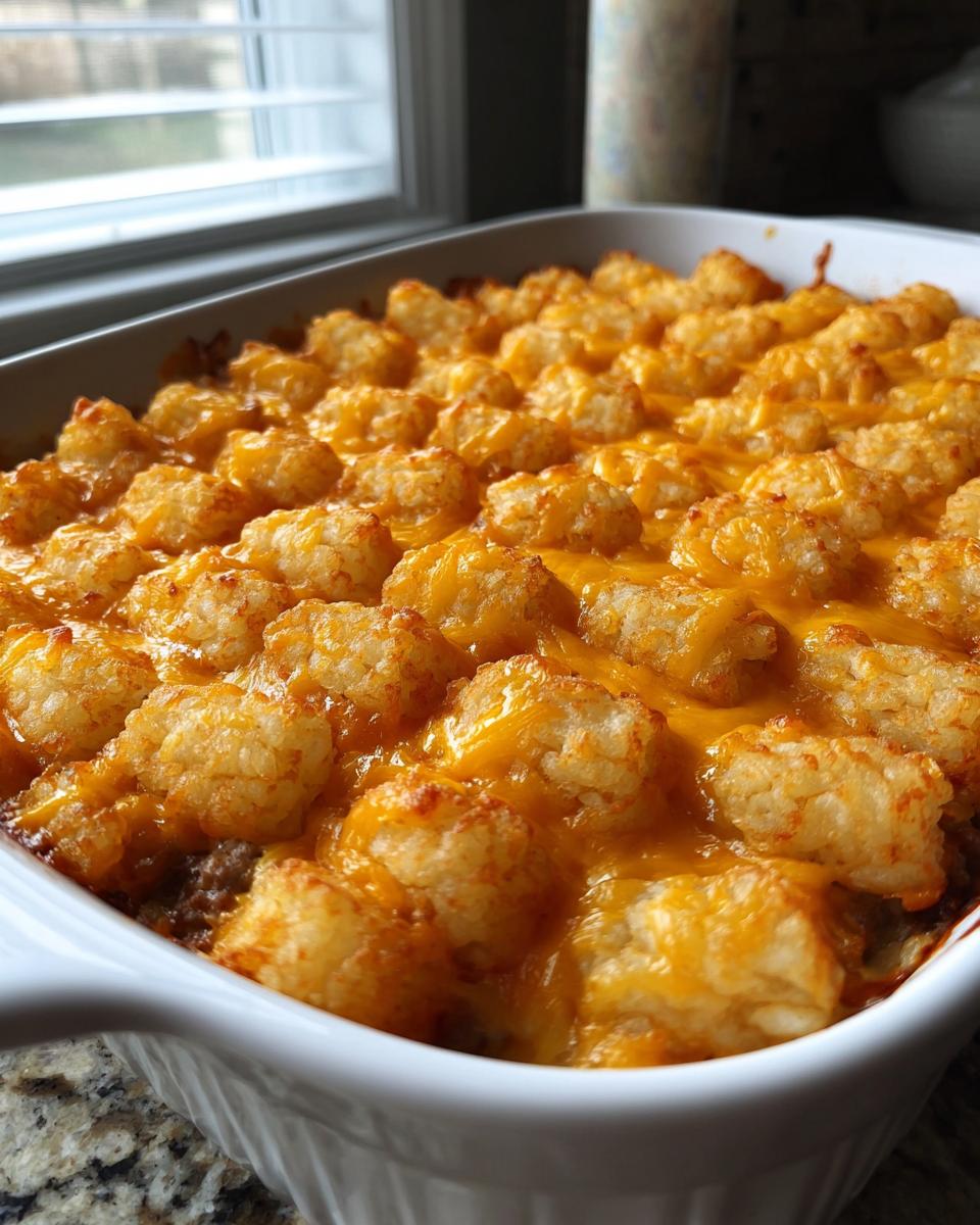 Close-up of a freshly baked tater tot casserole topped with golden tater tots and melted cheddar cheese.