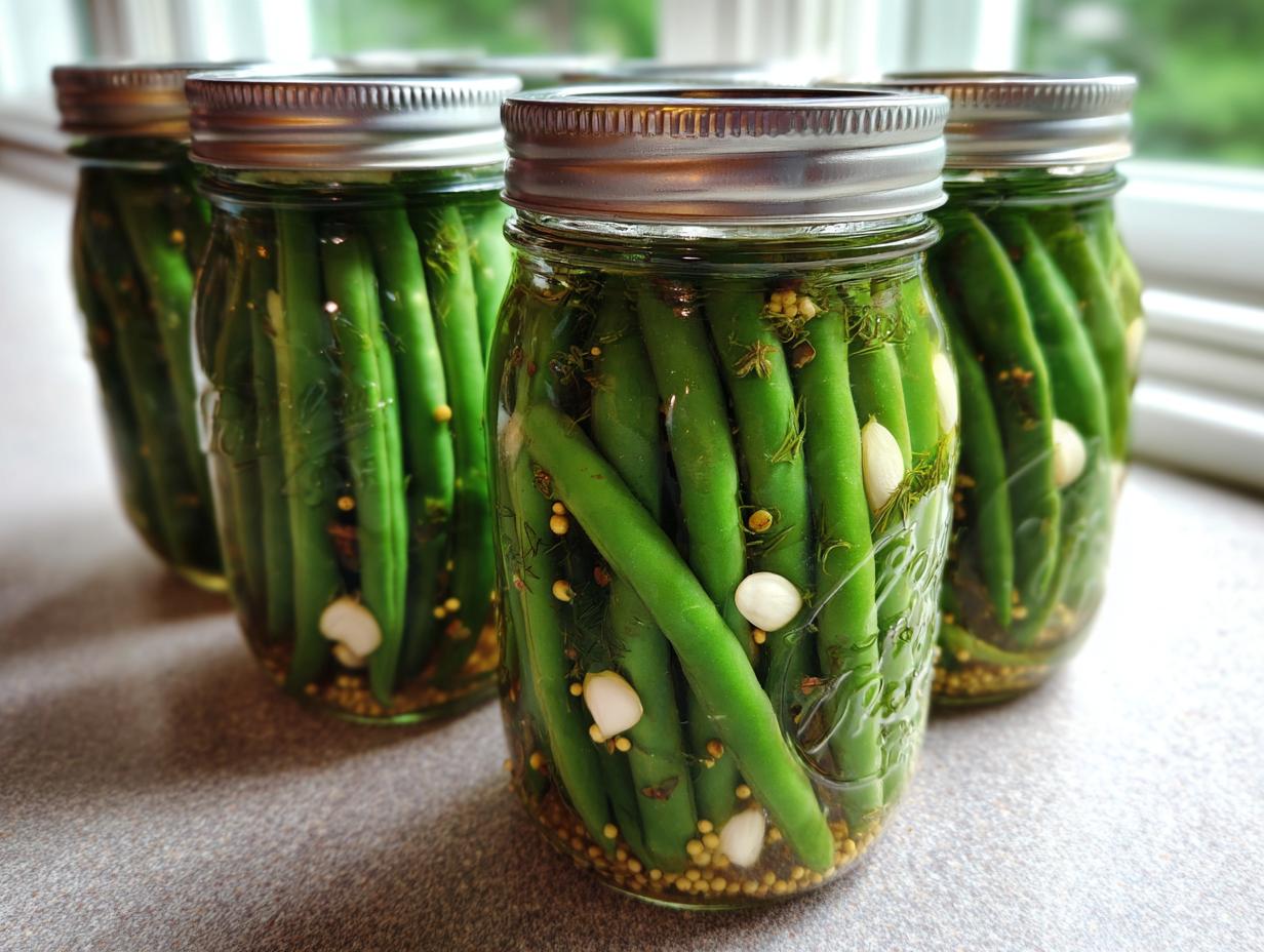 A row of glass jars filled with bright green dilly beans, garlic cloves, dill, and mustard seeds, ready for pickling.