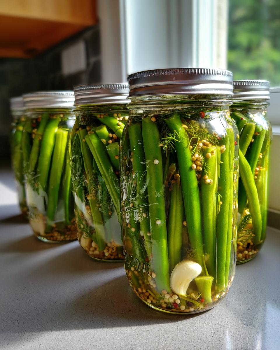 Four glass jars filled with fresh green beans, dill, garlic, and spices for making dilly beans.