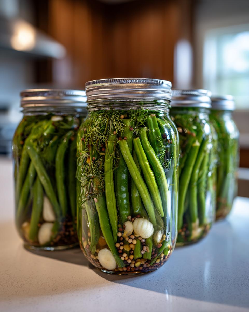 Close-up of several glass jars filled with fresh green beans, garlic cloves, spices, and dill for making dilly beans.