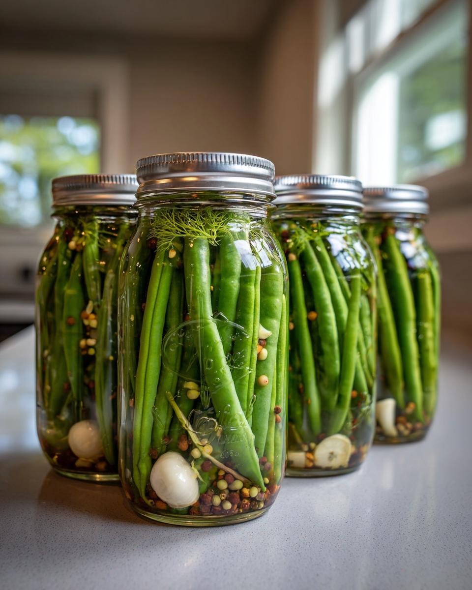 Four glass jars filled with fresh green beans, dill, garlic, and spices for making dilly beans.