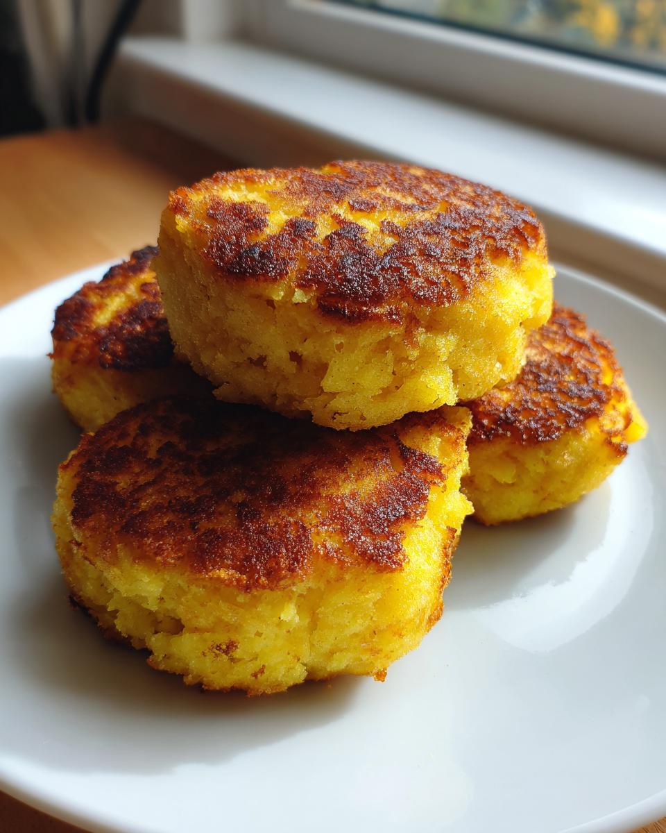 Four golden brown, thick rounds of fried cornbread stacked on a white plate, showing a crispy exterior.