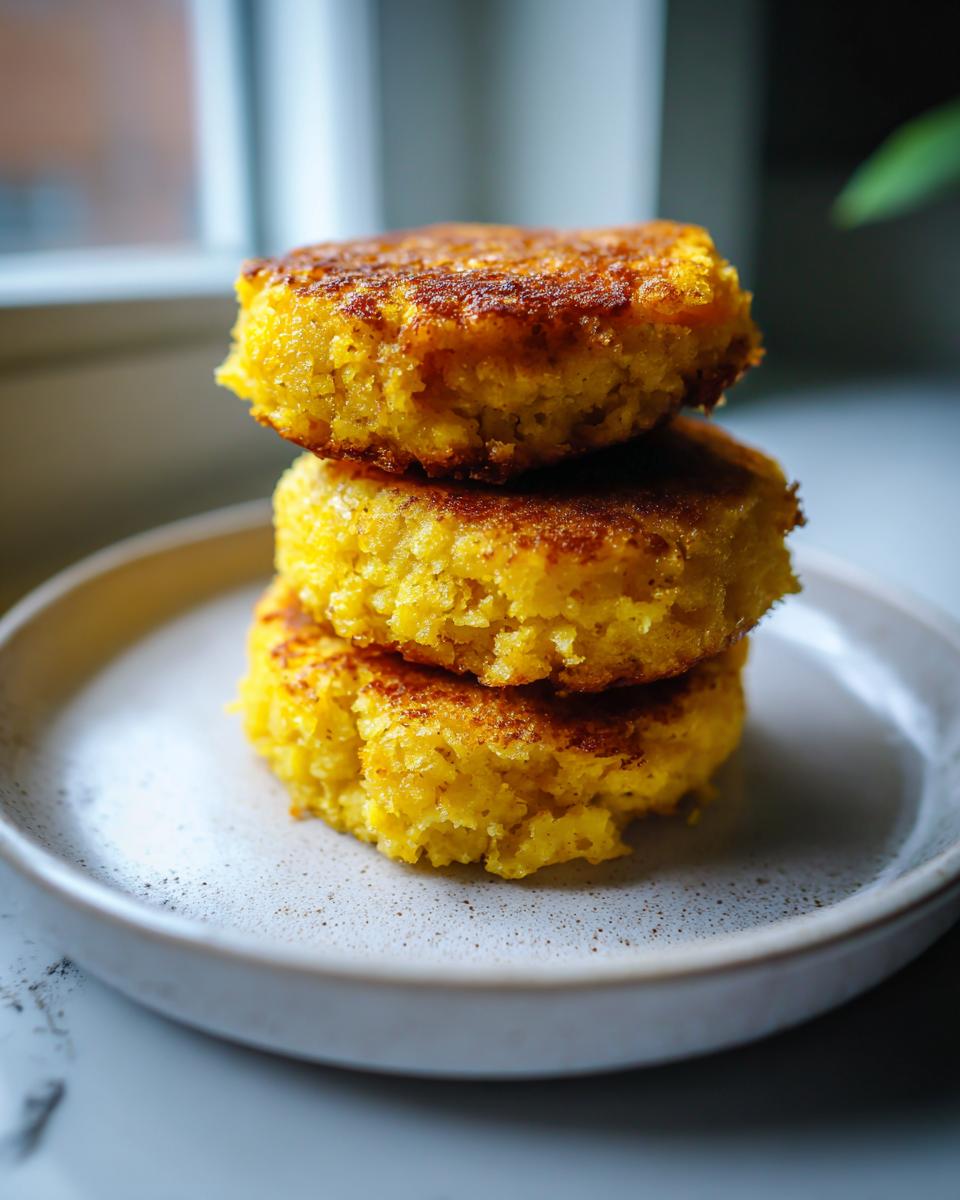 Three golden brown, thick fried cornbread patties stacked on a speckled white plate.