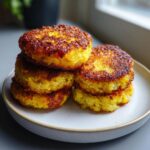 A stack of five golden brown, crispy fried cornbread patties served on a light ceramic plate.