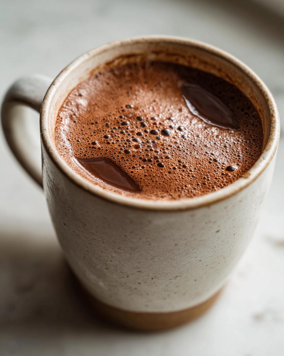 Close-up of rich, frothy mexican hot chocolate served in a speckled, rustic ceramic mug.