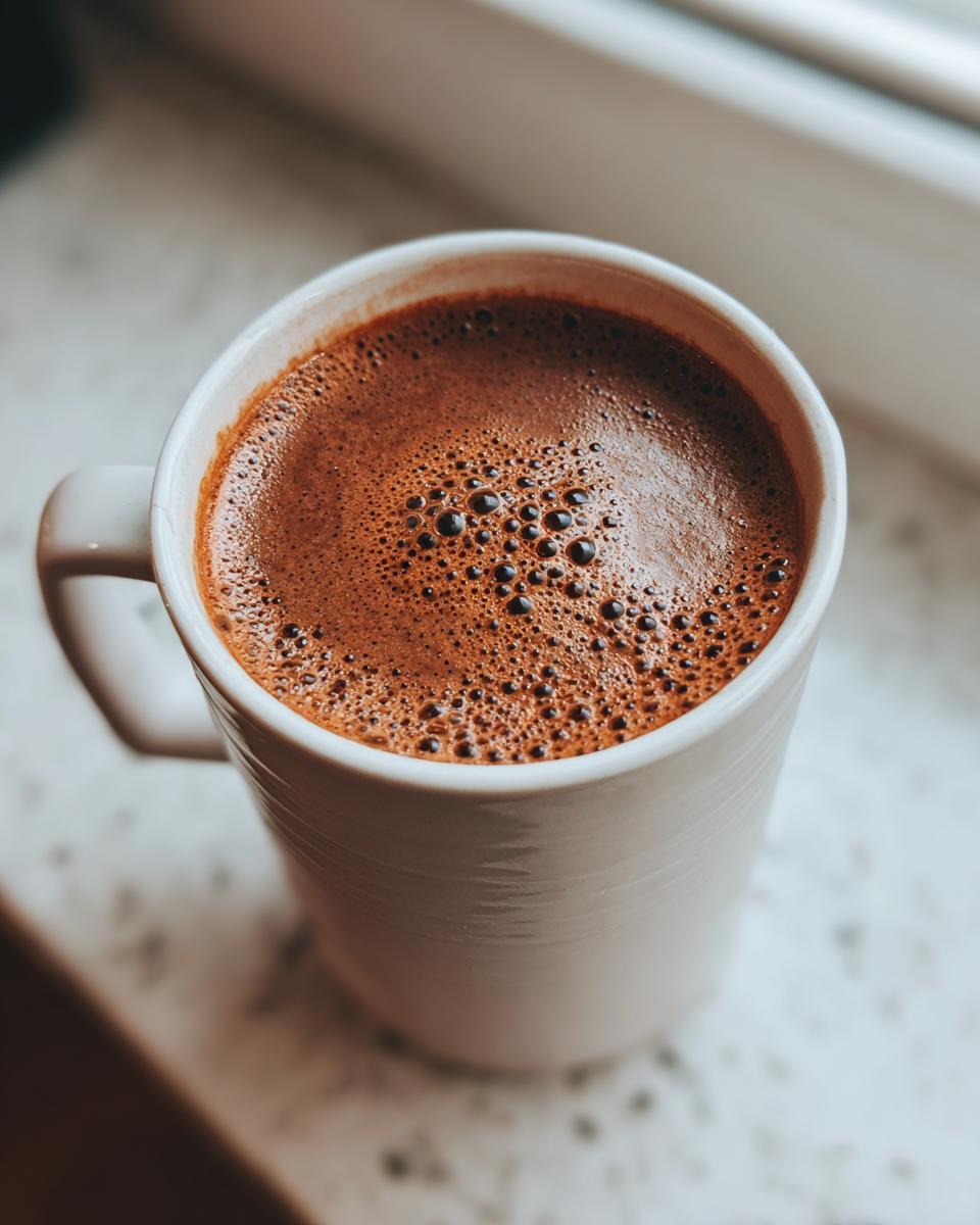 Close-up of rich, frothy mexican hot chocolate in a white ceramic mug sitting on a light countertop.