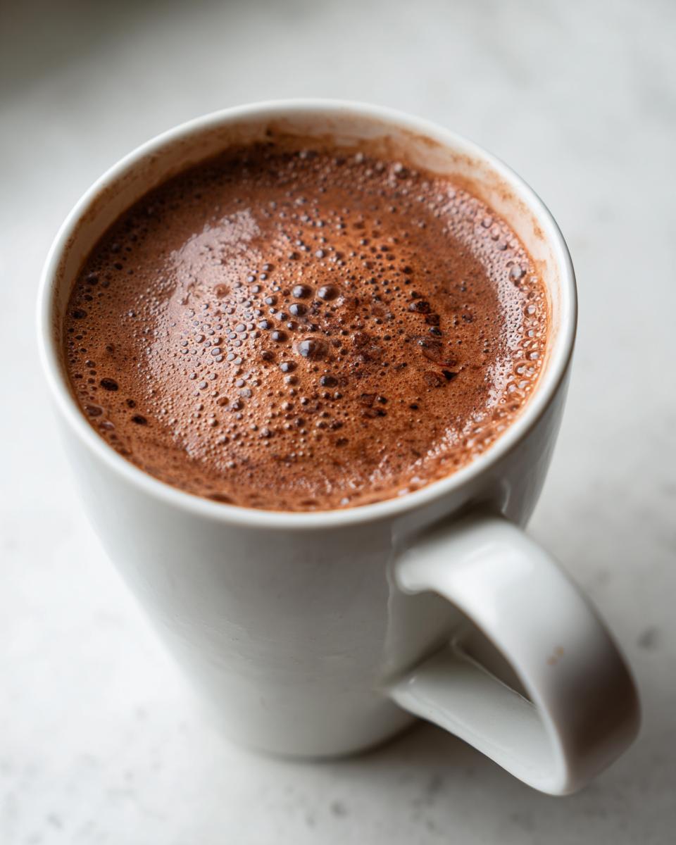 Close-up of a white mug filled with rich, frothy mexican hot chocolate on a light surface.