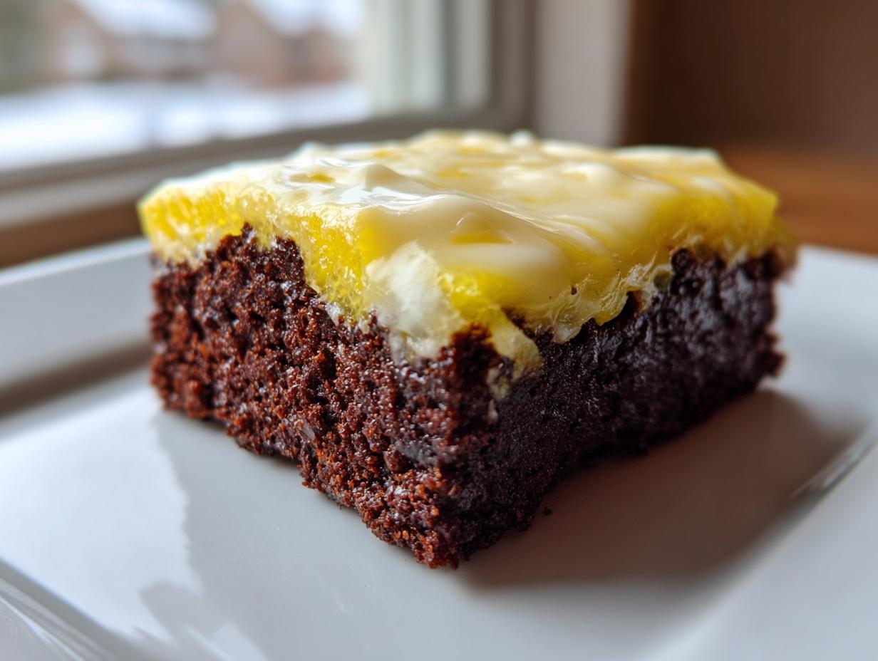 A single, fudgy chocolate brownie topped with a bright yellow lemon layer and white glaze, perfect for lemon brownies.