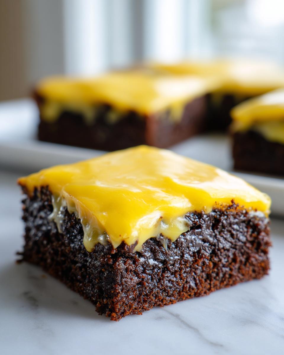 A close-up of a single, fudgy, dark chocolate lemon brownies square topped with a thick, bright yellow lemon glaze.