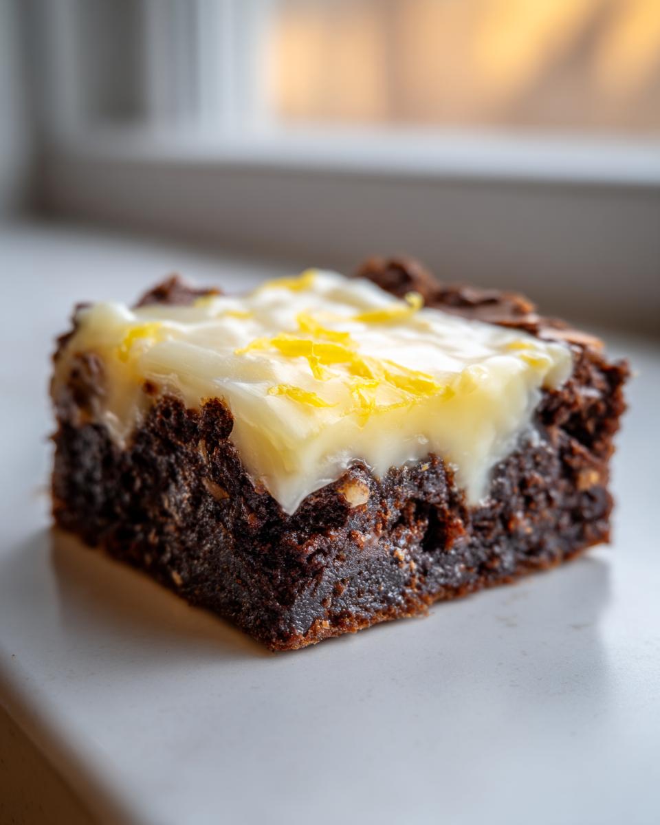 A single, fudgy lemon brownies square topped with a thick white glaze and bright yellow lemon zest.