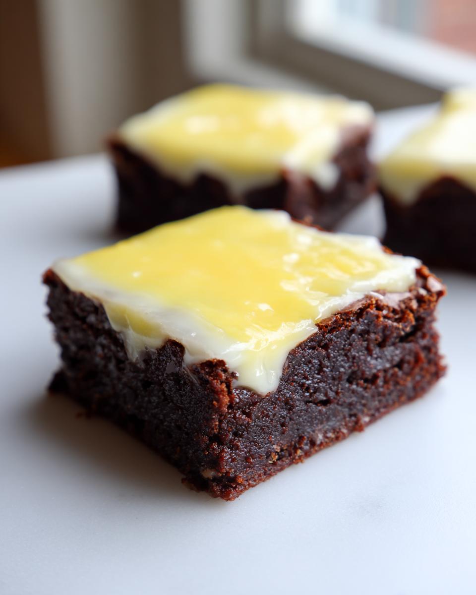 Close-up of a fudgy lemon brownie square topped with a layer of white frosting and bright yellow lemon glaze.