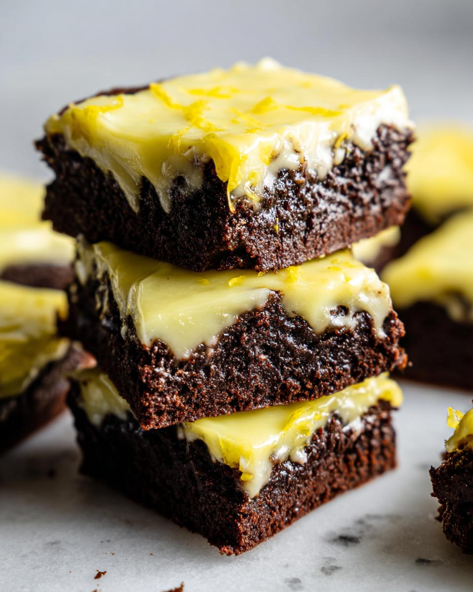 Close-up of three fudgy lemon brownies stacked, topped with a thick yellow lemon glaze and zest.