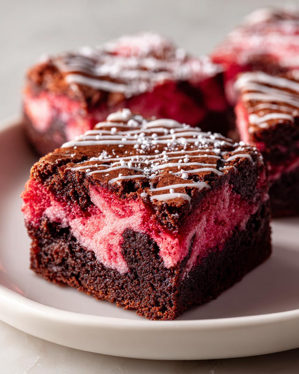 Close-up of a fudgy strawberry brownie square with pink swirl, white icing drizzle, and powdered sugar.