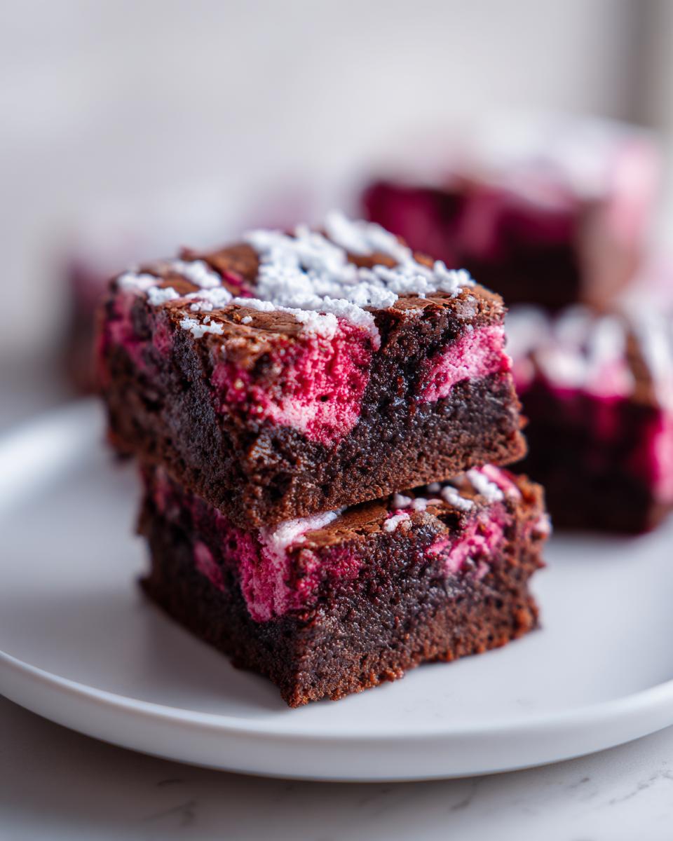 Two fudgy strawberry brownies stacked, showing a vibrant pink strawberry swirl and powdered sugar topping.