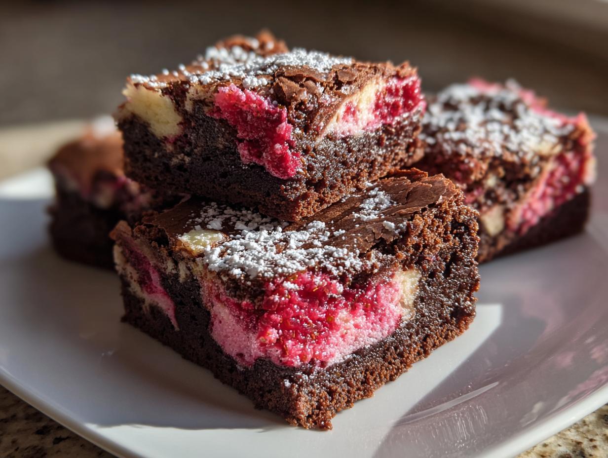 Close-up of fudgy strawberry brownies stacked on a white plate, dusted with powdered sugar.