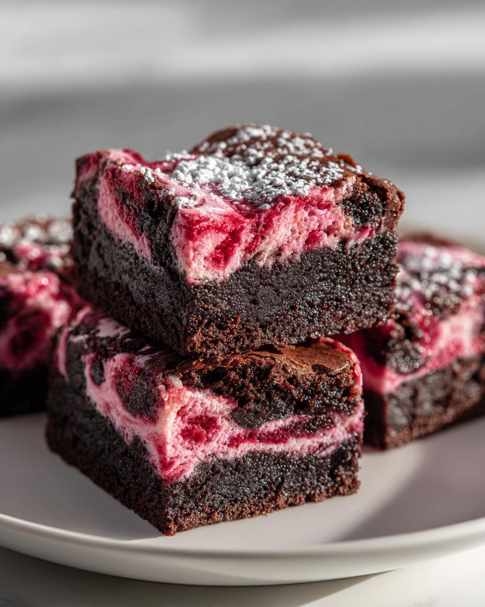 Stack of two fudgy strawberry brownies featuring a vibrant pink swirl filling and dusted with powdered sugar.