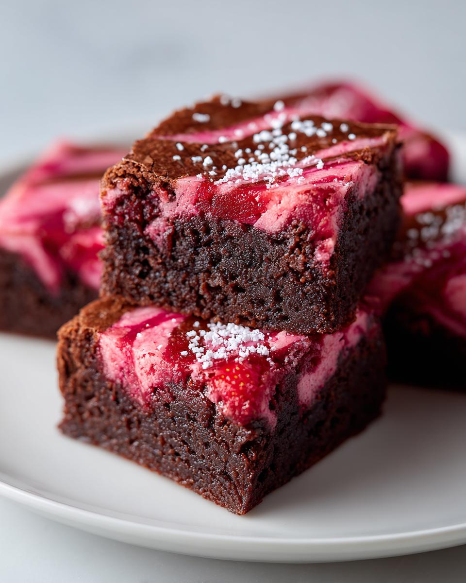 Close-up of two fudgy strawberry brownies stacked, showing the dark chocolate base and pink strawberry swirl topping.