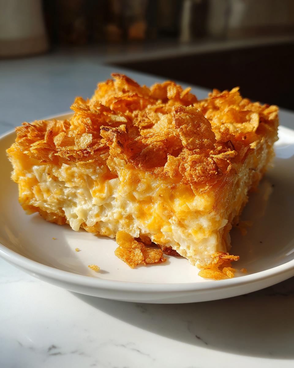 A square serving of creamy funeral potatoes recipe topped with crispy, golden cornflakes on a white plate.