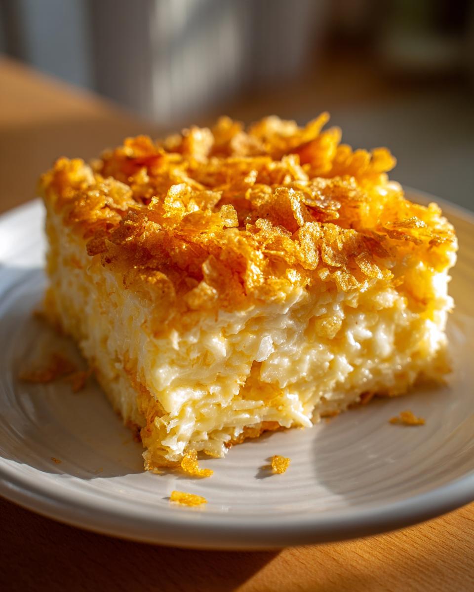 A square serving of creamy funeral potatoes recipe topped with crunchy, golden cornflakes on a light gray plate.