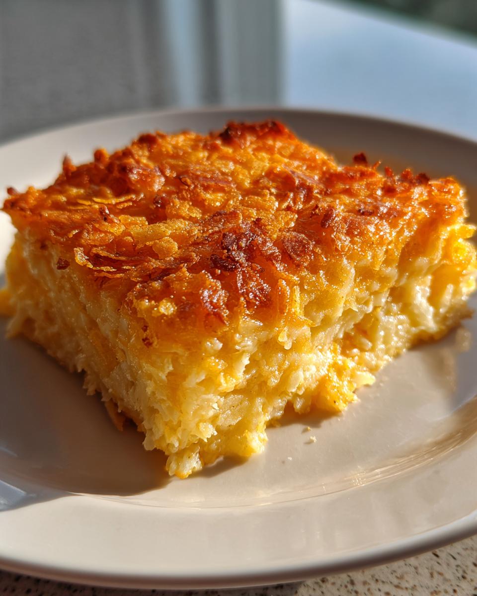 A square serving of creamy funeral potatoes recipe with a golden, crispy cornflake topping, served on a white plate.