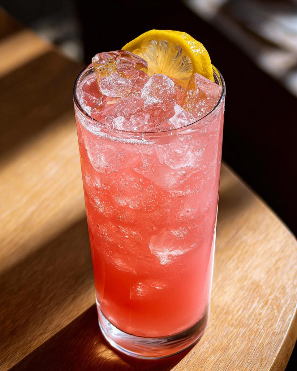 Close-up of a tall glass filled with bright pink lemonade, crushed ice, and a lemon slice garnish.