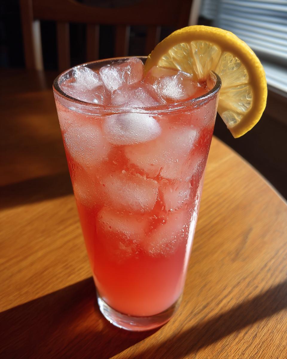 A tall, frosty glass filled with bright pink lemonade and ice, garnished with a fresh lemon slice.