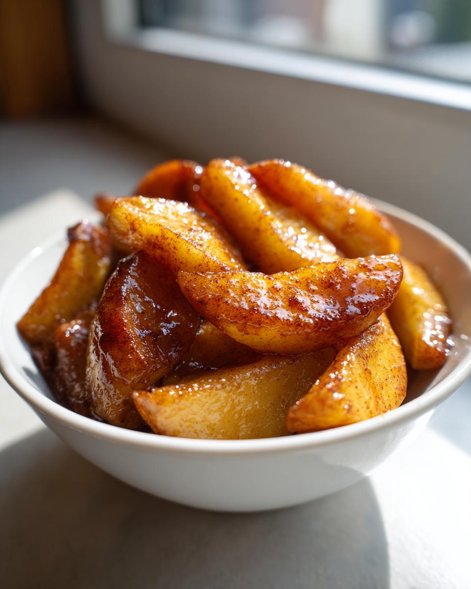 Close-up of warm, glazed baked apple slices sprinkled with cinnamon in a white bowl.