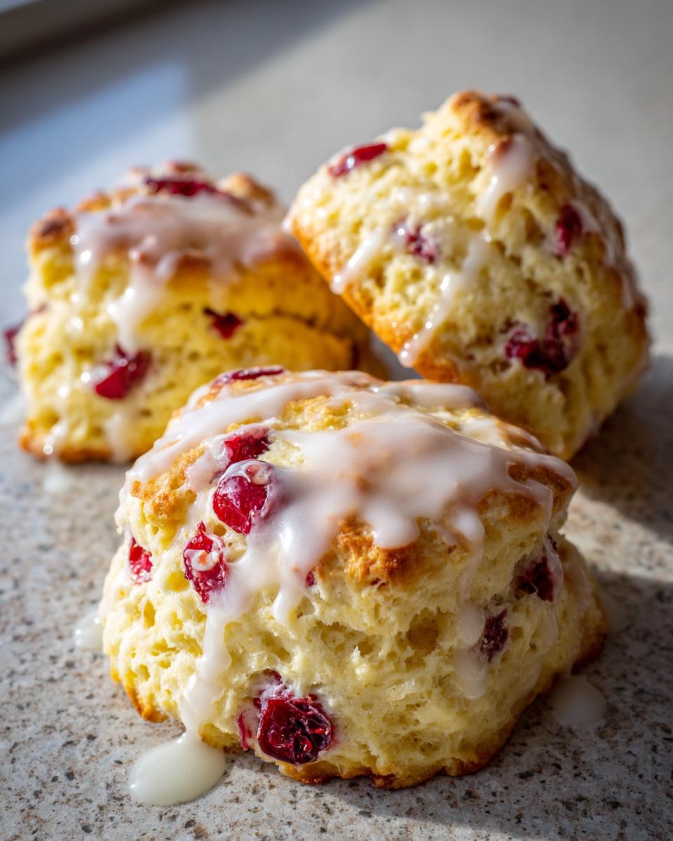 Three flaky cranberry scones drizzled generously with white vanilla glaze, showing visible dried cranberries.