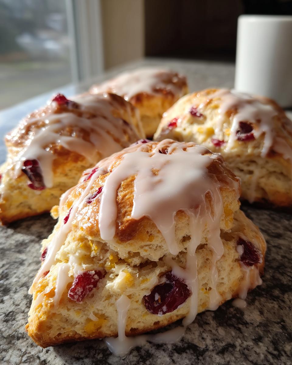 Close-up of flaky cranberry scones topped with a thick white glaze, featuring visible dried cranberries.