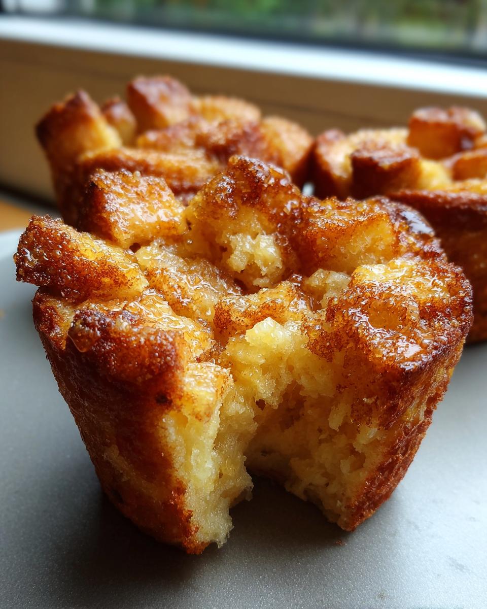 Close-up of a golden-brown french toast muffins with a bite taken out, showing the soft interior and sugary glaze.