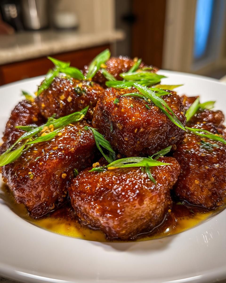 Close-up of sticky, glazed honey garlic chicken pieces topped with fresh green onions.