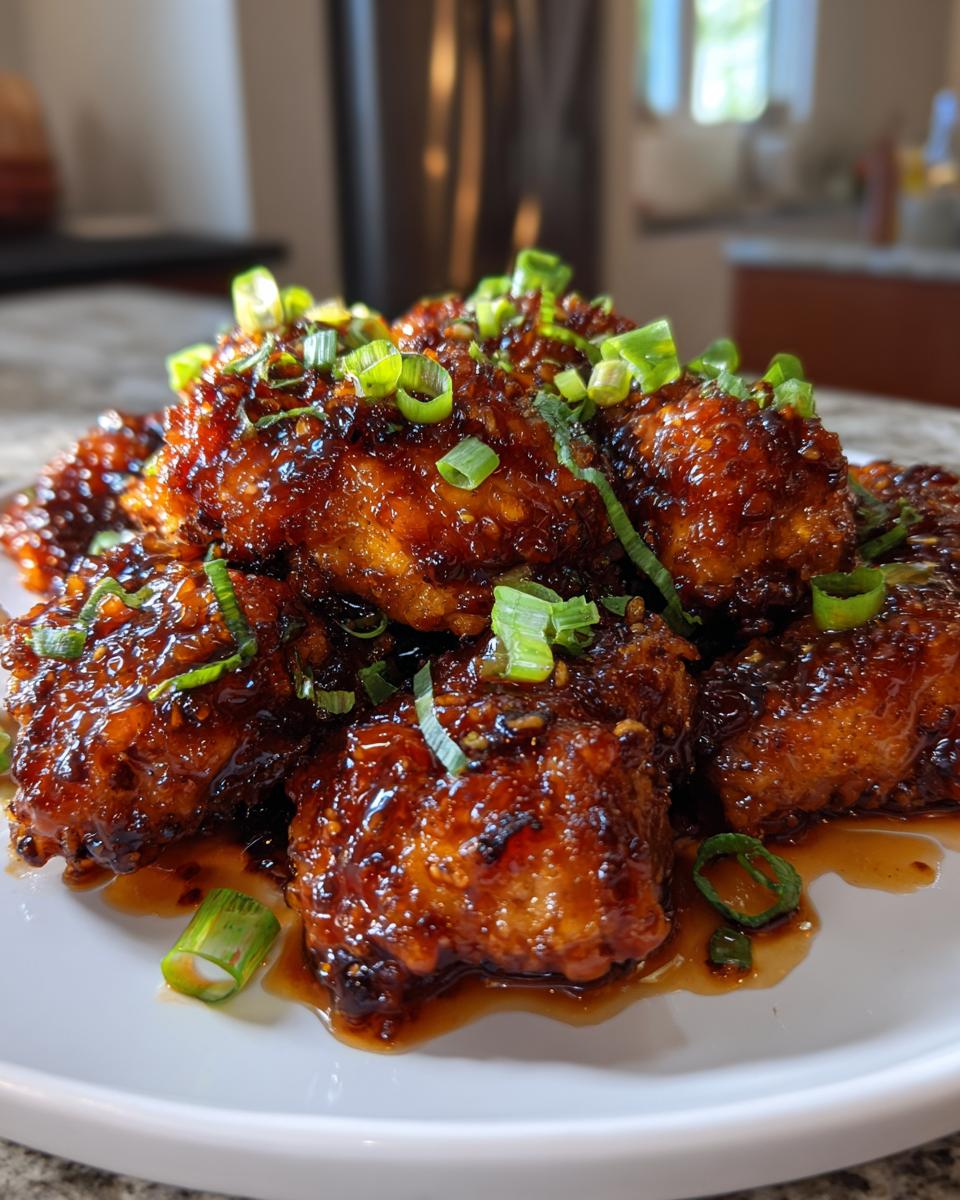 Close-up of crispy, glazed honey garlic chicken pieces piled high and garnished with fresh sliced green onions.