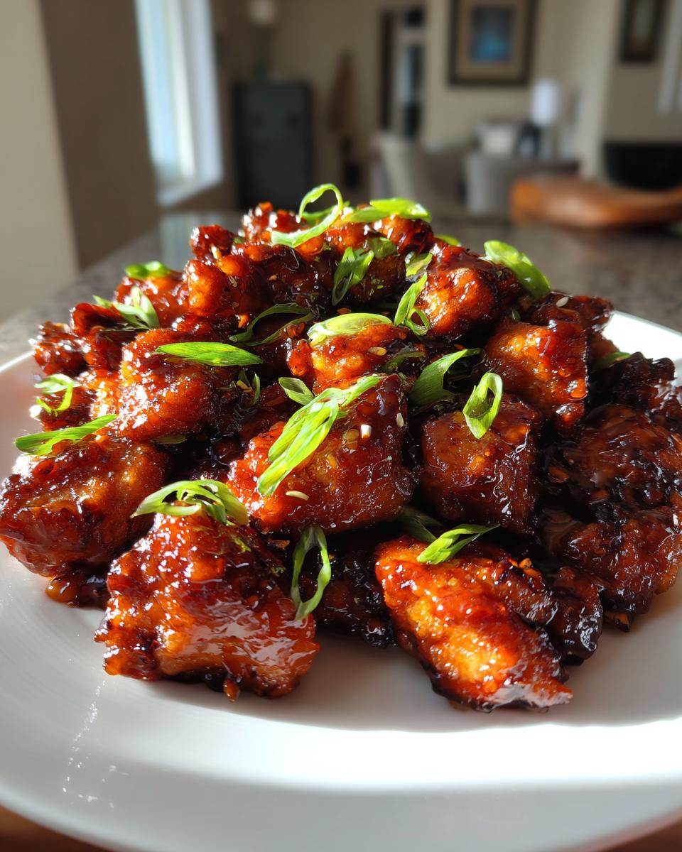 Close-up of crispy, glazed honey garlic chicken pieces piled high and garnished with sliced green onions.