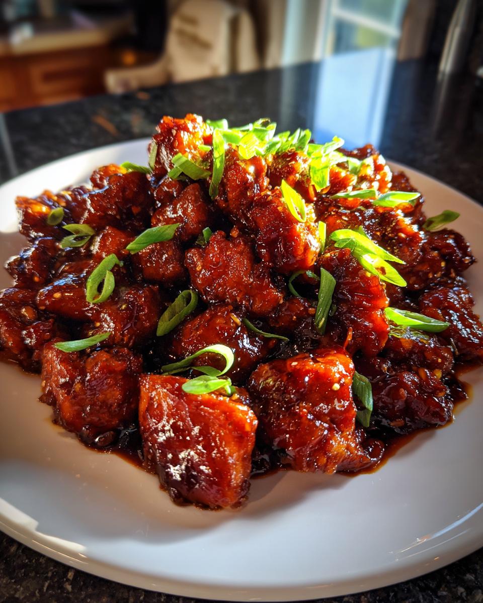 A plate piled high with sticky, dark glazed pieces of honey garlic chicken, garnished with fresh green scallions.