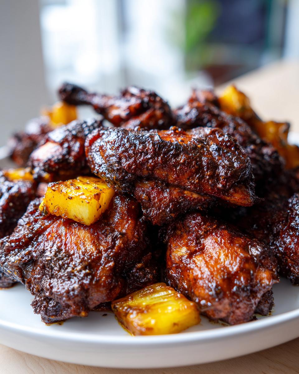 A close-up, mouth-watering pile of dark, glazed Jamaican Jerk Chicken pieces mixed with caramelized pineapple chunks.