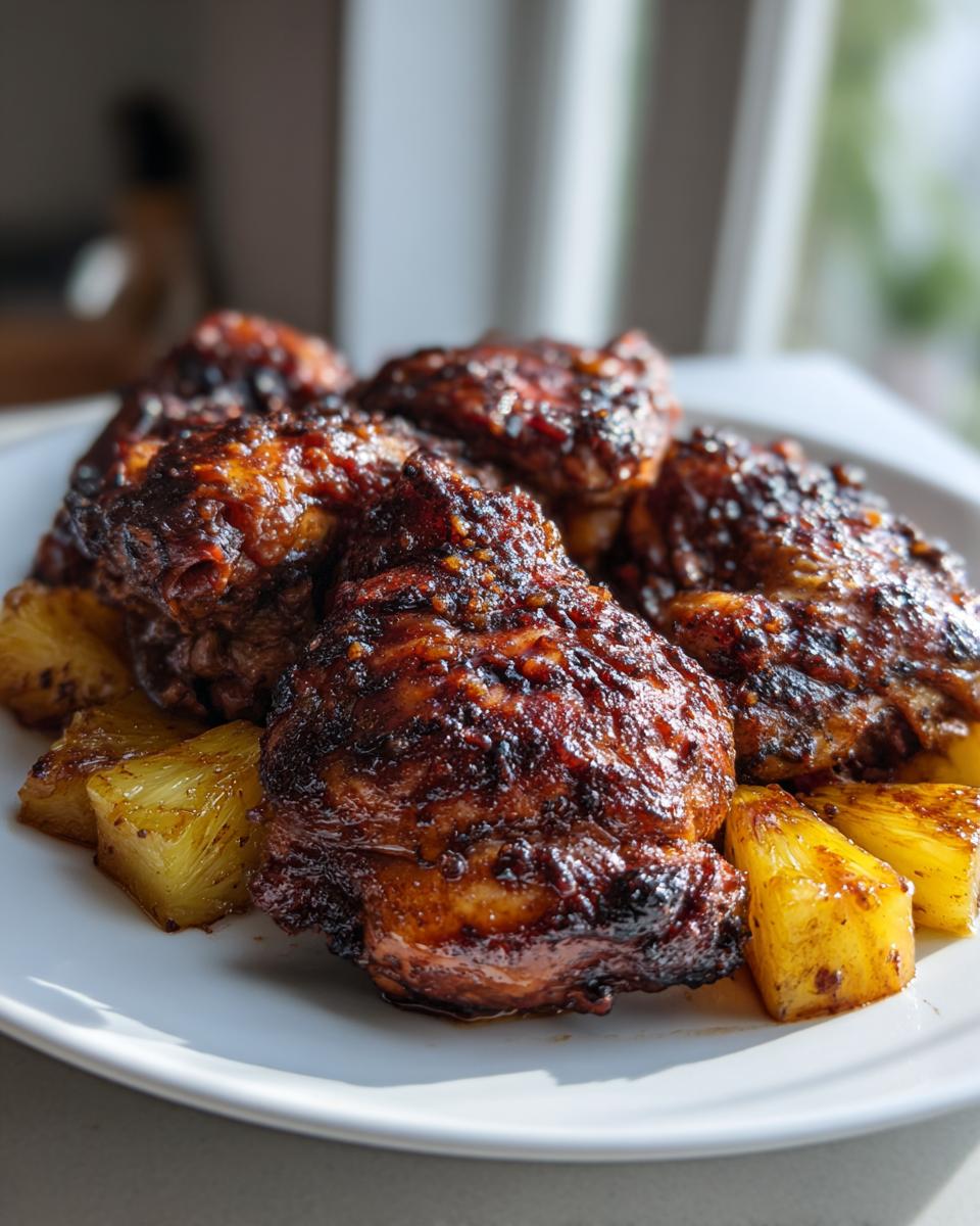 Close-up of sticky, dark glazed Jamaican jerk chicken pieces served with roasted pineapple chunks on a white plate.