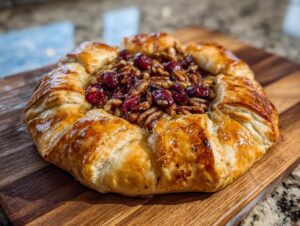 Golden brown puff pastry wrapped around a filling of glazed pecans and cranberries, often served with baked brie.