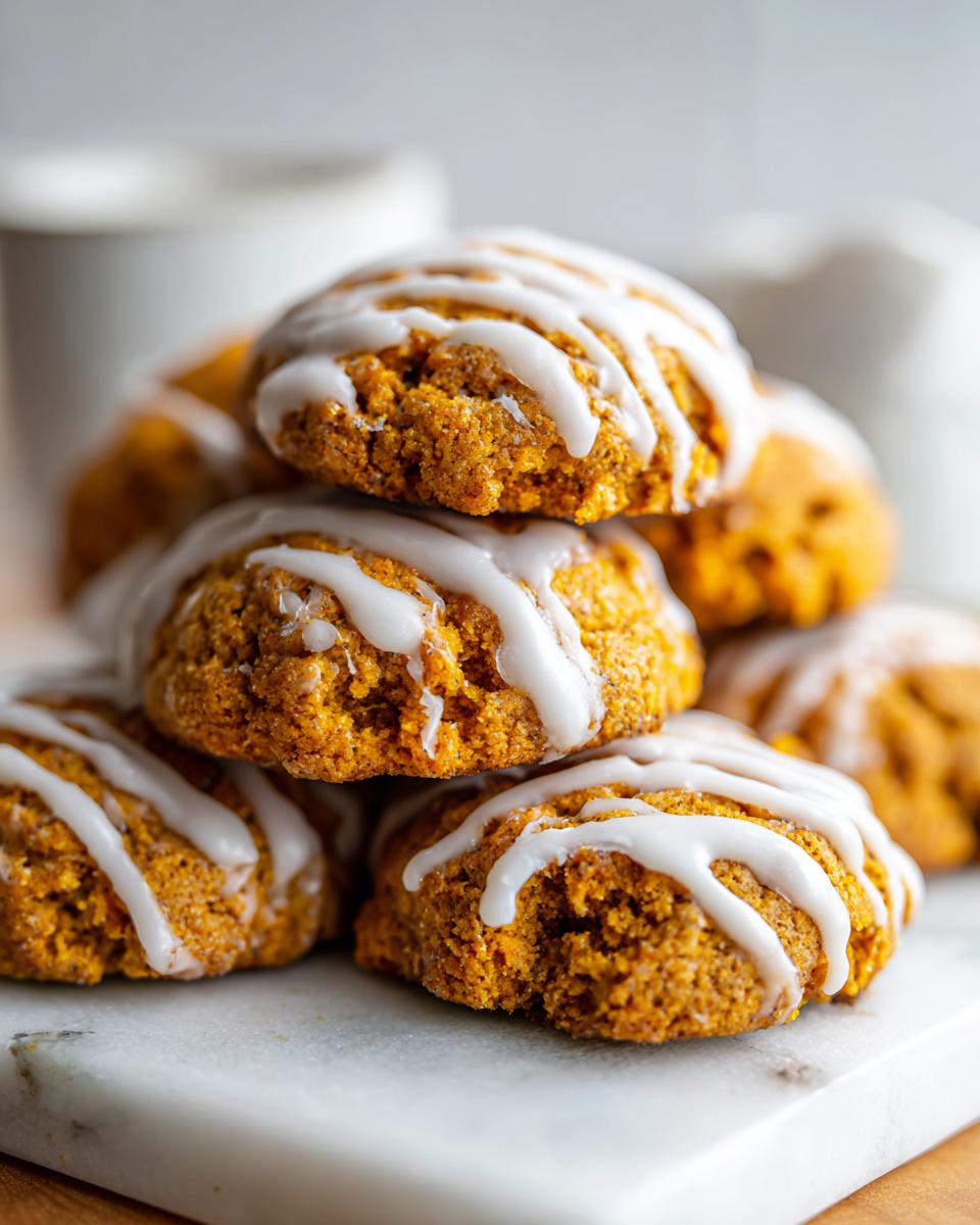 A close-up stack of soft, orange persimmon cookies drizzled generously with white vanilla icing.