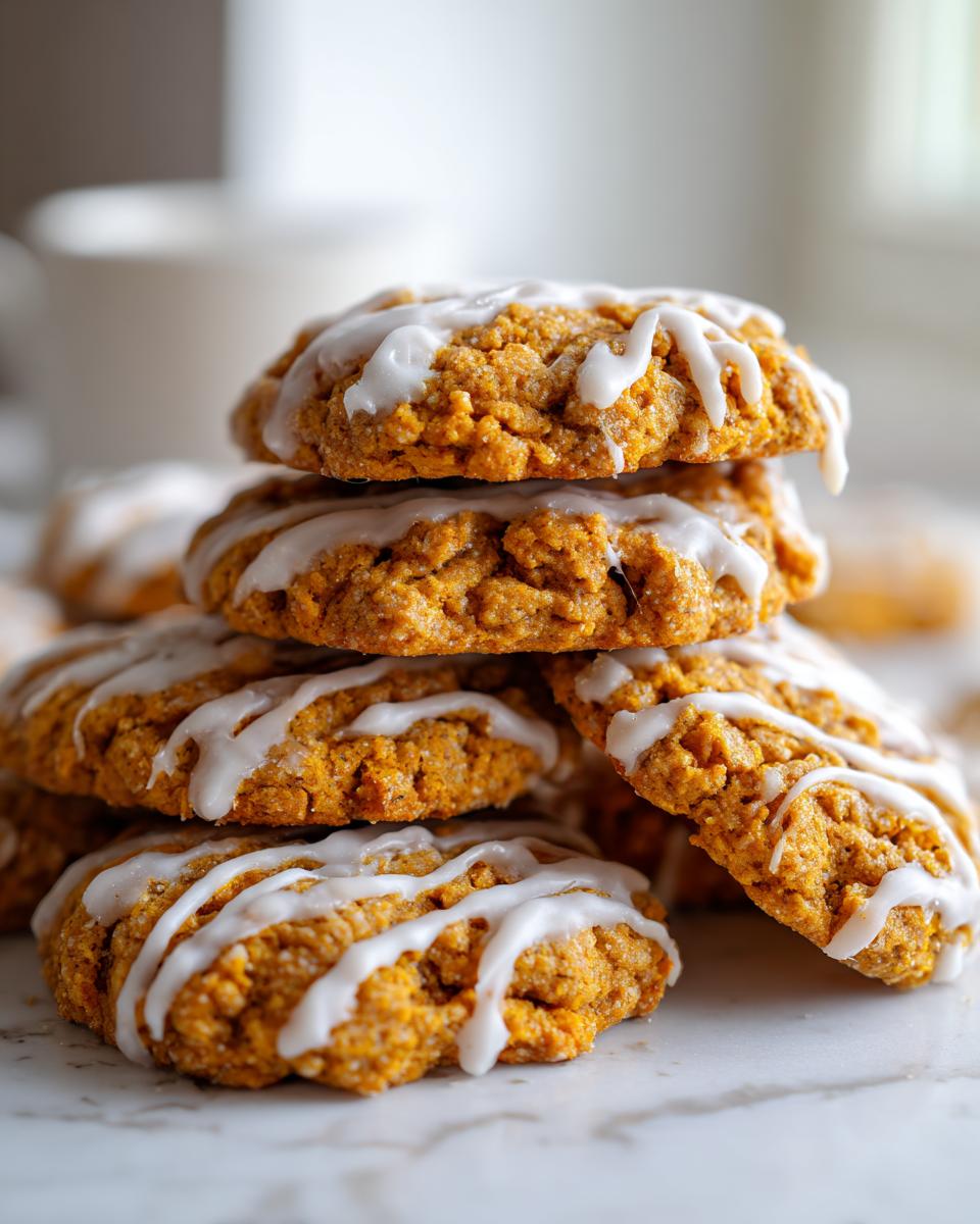 A close-up stack of soft, orange persimmon cookies drizzled with white vanilla icing.
