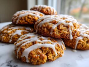 A close-up stack of moist, orange-colored persimmon cookies drizzled generously with white vanilla icing.