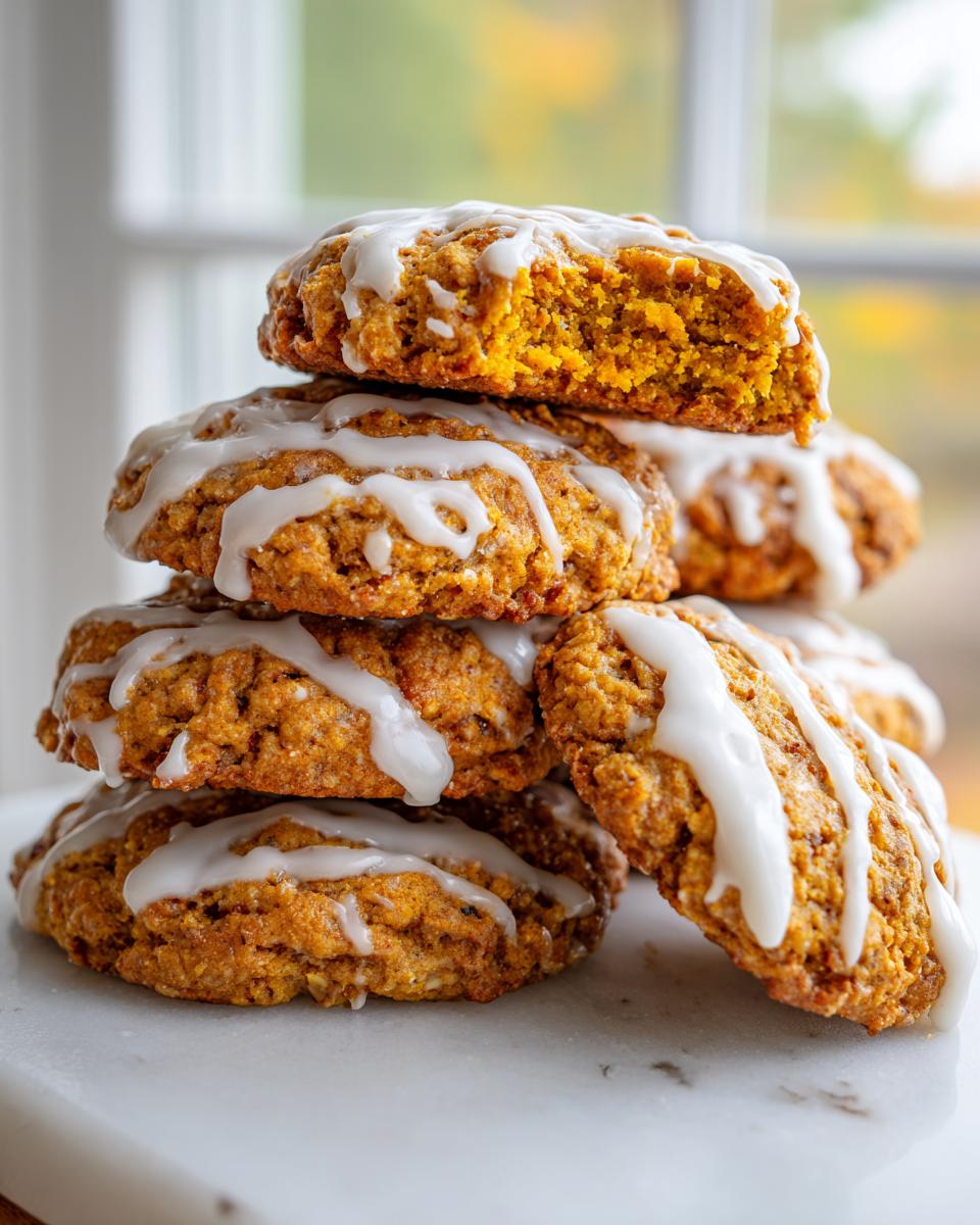 A stack of soft, orange-colored persimmon cookies drizzled with white vanilla glaze, one cookie broken open.