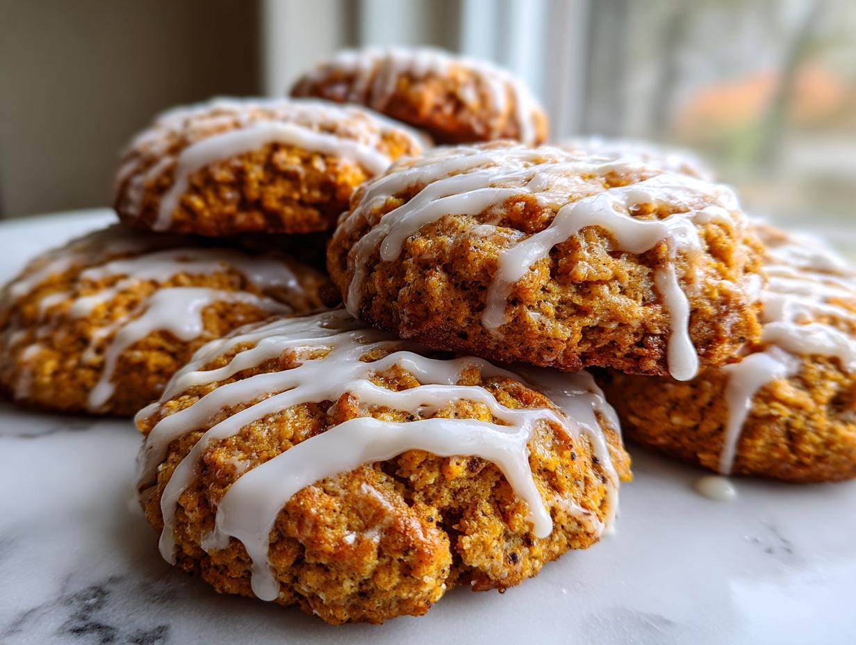 A close-up stack of moist, orange-colored persimmon cookies drizzled generously with white vanilla icing.