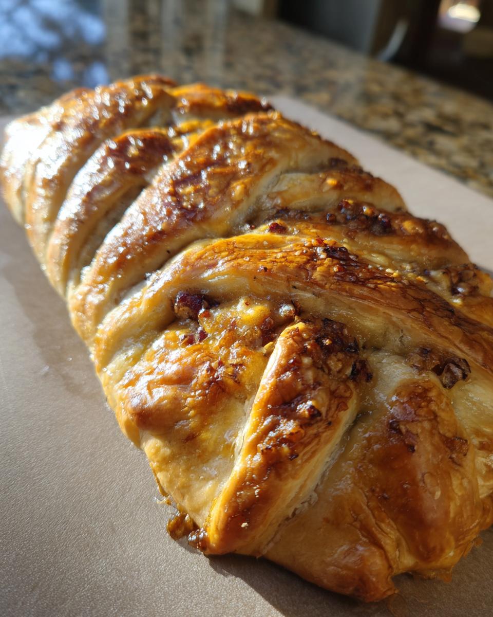 Close-up of a golden brown, braided pastry, likely baked brie en croute, with a shiny, caramelized nut topping.