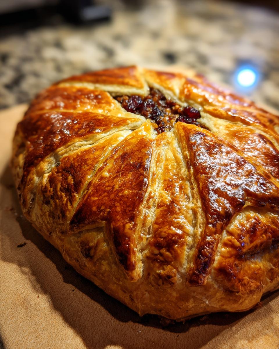Close-up of a golden brown baked brie wrapped in flaky puff pastry with a visible fruit and nut topping.